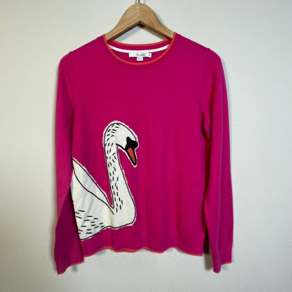 Boden Swan Intarsia Pullover Sweater Womens M Whimsical Pink Cotton Wool Preppy